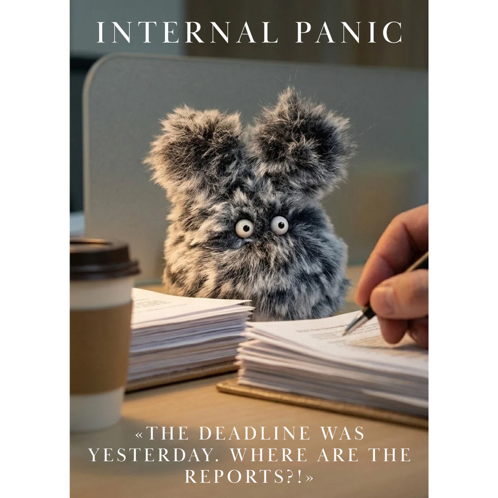 An aesthetic workplace illustration of an anxious fluffy marbled grey office rabbit bunny with wide startled eyes sitting behind stacks of overdue corporate reports and a coffee cup under a desk lamp light. Fine white minimalist typography reads Internal Panic at the top and The deadline was yesterday where are the reports at the bottom.