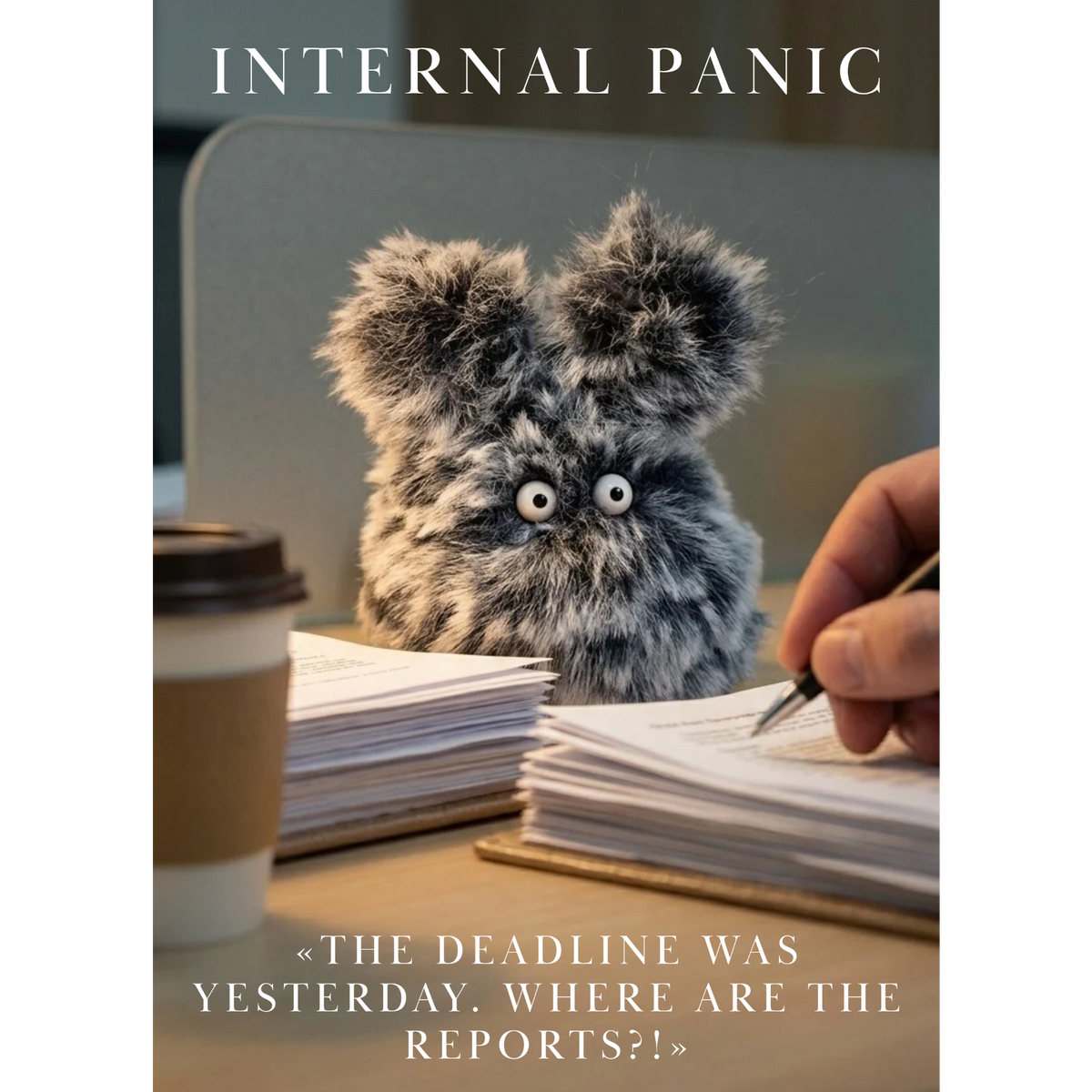 An aesthetic workplace illustration of an anxious fluffy marbled grey office rabbit bunny with wide startled eyes sitting behind stacks of overdue corporate reports and a coffee cup under a desk lamp light. Fine white minimalist typography reads Internal Panic at the top and The deadline was yesterday where are the reports at the bottom.