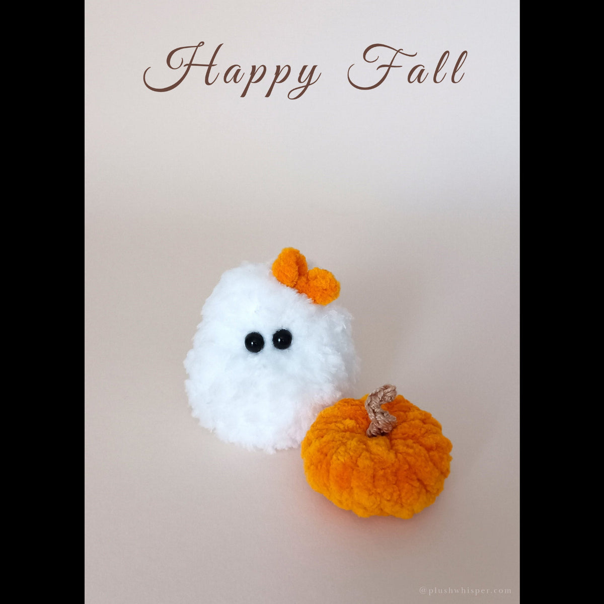 An aesthetic fall printable desk card featuring a miniature white ghost expertly crocheted from fuzzy plush yarn standing next to a soft orange pumpkin. The clean light beige design has fine minimalist typography at the top reading Happy Fall. Perfect for cozy autumn office workspace setups and pumpkin spice vibes.