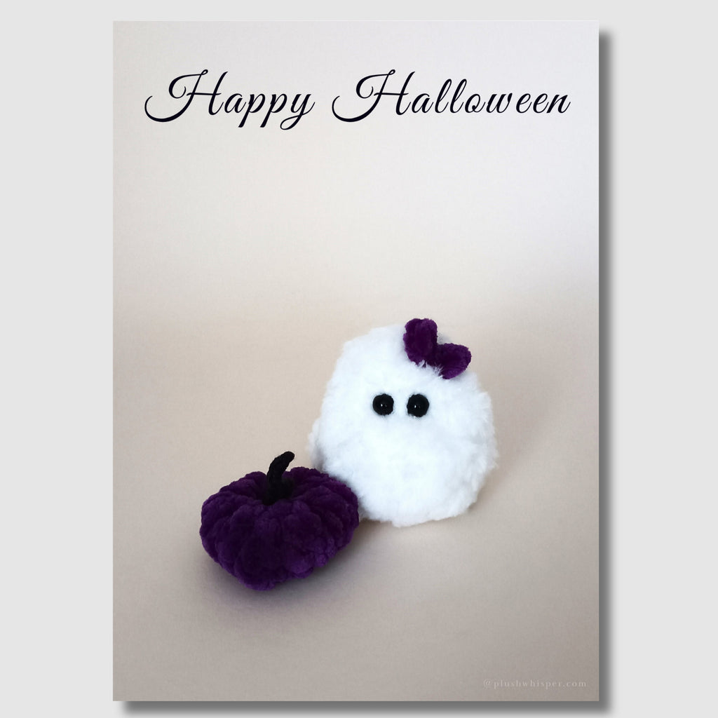 Cute printable Happy Halloween greeting card. Features a soft white plush ghost holding a deep purple pumpkin, perfect for aesthetic Halloween gift tags and seasonal home decor.