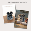 A square mockup of a 2-in-1 printable office bunny quote card set for funny corporate humor desk decor. Two 5x7 cards are displayed overlapping in a preview style on a light cream background with fine minimalist typography at the top. The left card shows a cozy grey plush rabbit on a notebook, and the right card shows an anxious office bunny surrounded by deadlines.