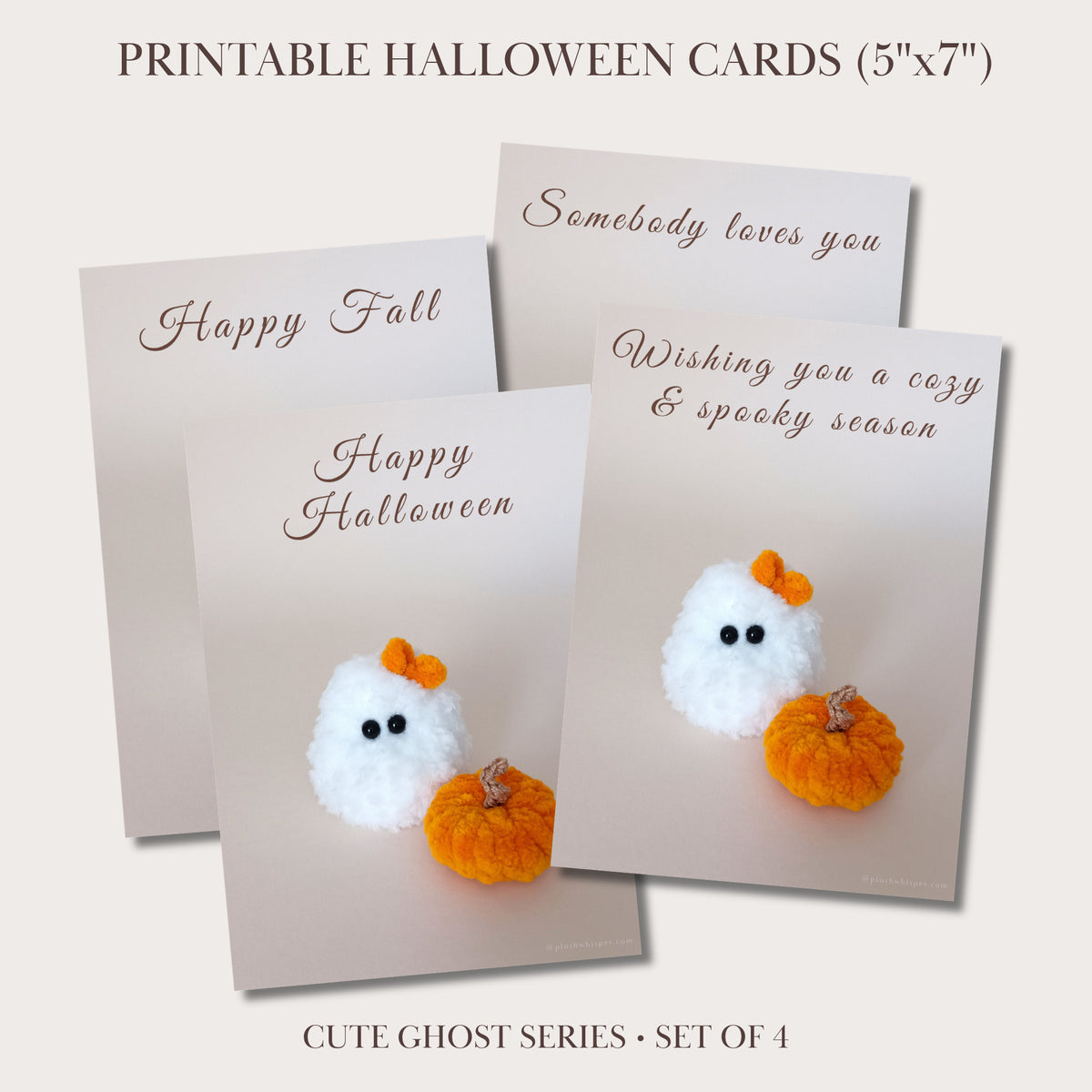A square mockup of a printable cozy Halloween greeting card set of 4 for aesthetic autumn desktop art prints. Four 5x7 digital cards are displayed overlapping in a preview style on a light cream background with fine minimalist typography. The design features a cute miniature white ghost meticulously crocheted from fluffy textured yarn next to a plush velvet pumpkin.