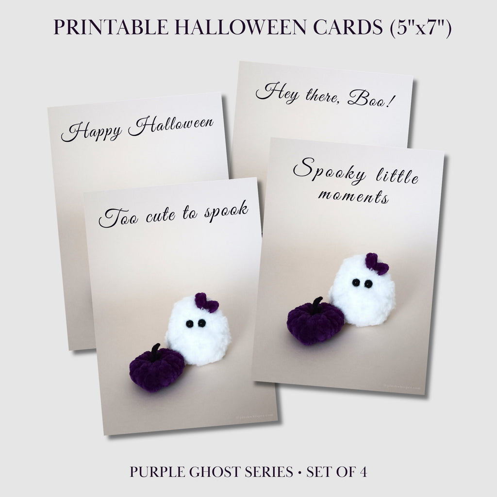 Set of 4 printable Halloween cards sizes 5x7 inches by PlushWhisper. Features a cute handmade plush ghost with a purple bow and a dark purple velvet pumpkin on a light gray background with elegant script typography.