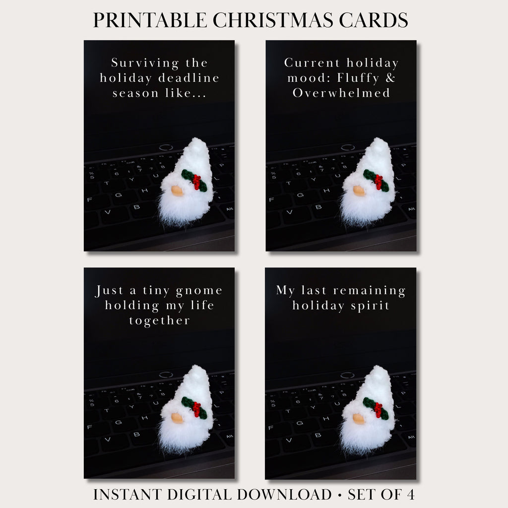 Four funny printable Christmas cards for coworkers arranged as flat postcards with drop shadows on a cozy light gray background. Clean elegant text reads 'Printable Christmas Cards' at the top and 'Instant Digital Download - Set of 4' at the bottom.
