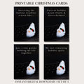 Four funny printable Christmas cards for coworkers arranged as flat postcards with drop shadows on a cozy light gray background. Clean elegant text reads 'Printable Christmas Cards' at the top and 'Instant Digital Download - Set of 4' at the bottom.