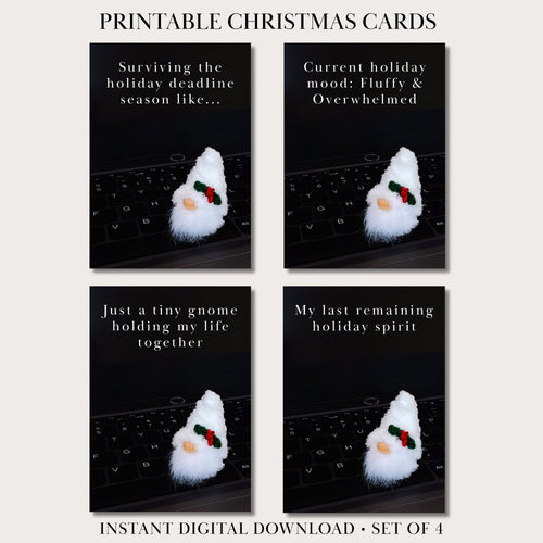 Four funny printable Christmas cards for coworkers arranged as flat postcards with drop shadows on a cozy light gray background. Clean elegant text reads 'Printable Christmas Cards' at the top and 'Instant Digital Download - Set of 4' at the bottom.