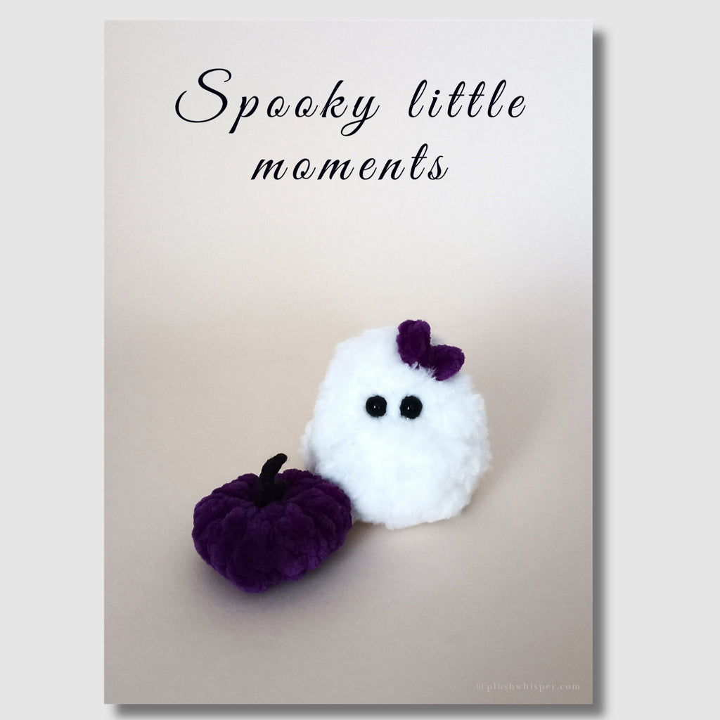 Cozy autumn printable card 5x7 with typography Spooky Little Moments. Displays a detailed close-up of a handcrafted plush ghost toy and its tiny purple pumpkin companion under a soft studio lighting.